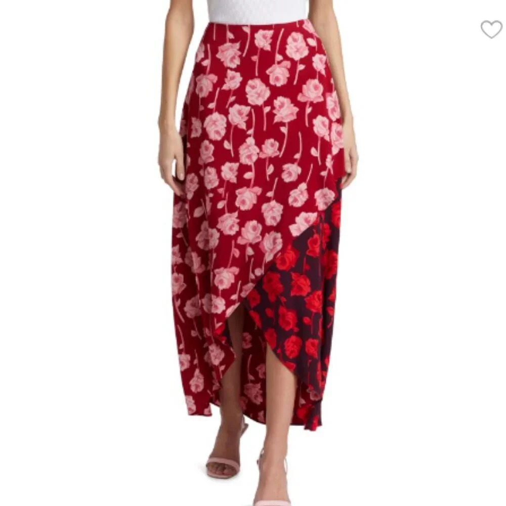 Lela Rose Womens Skirt 6 Double Face Rose Print High Low Floral Crepe Midi NEW‎